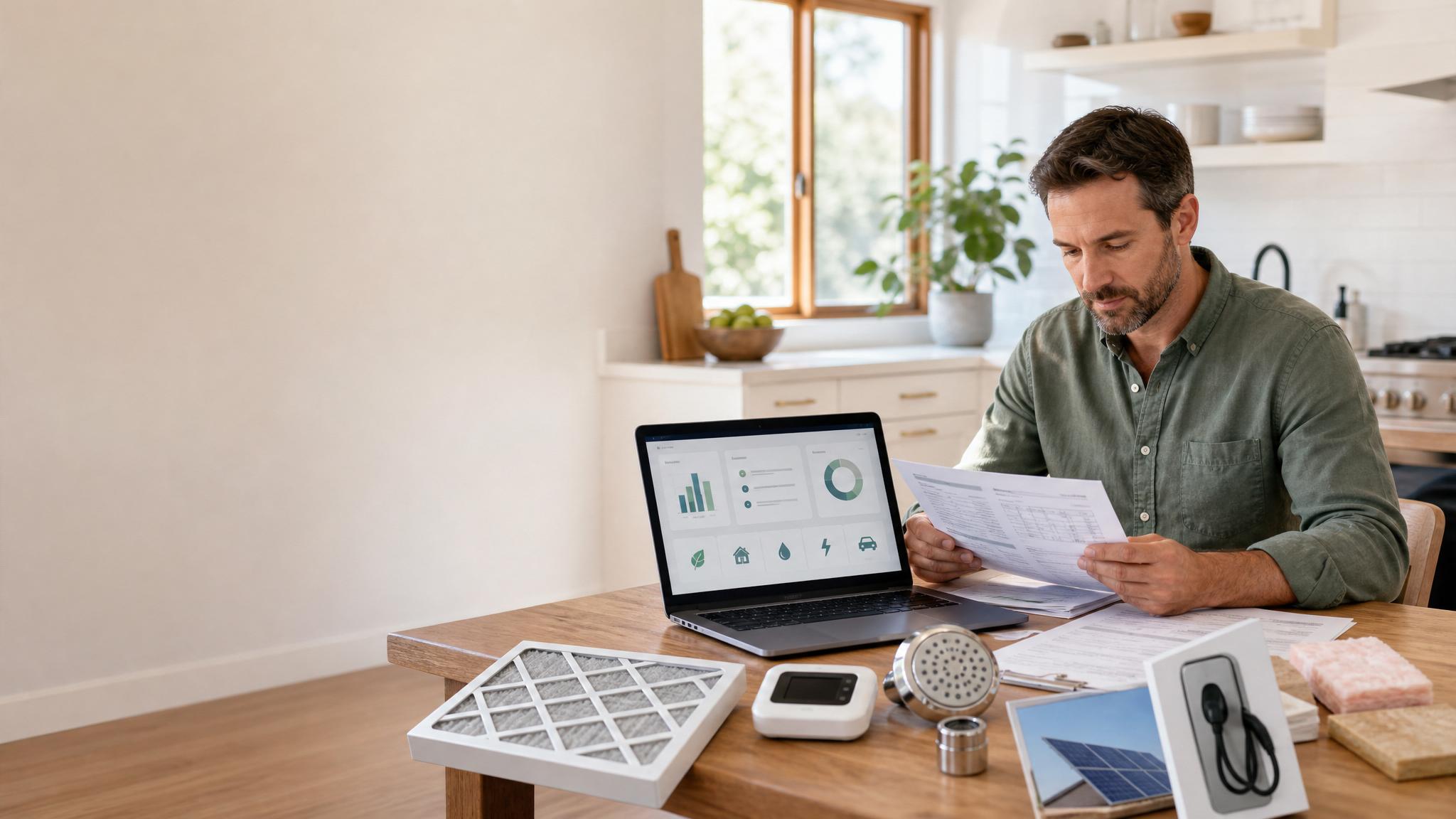 Homeowner reviewing quotes, utility bills, and home upgrade savings on a laptop